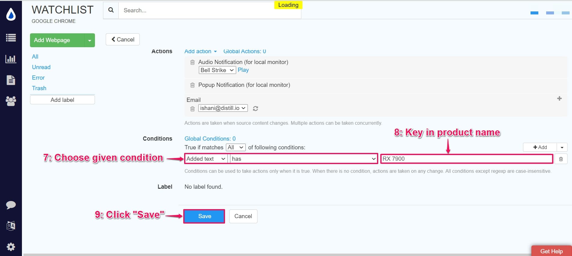 Configure conditions for the alert