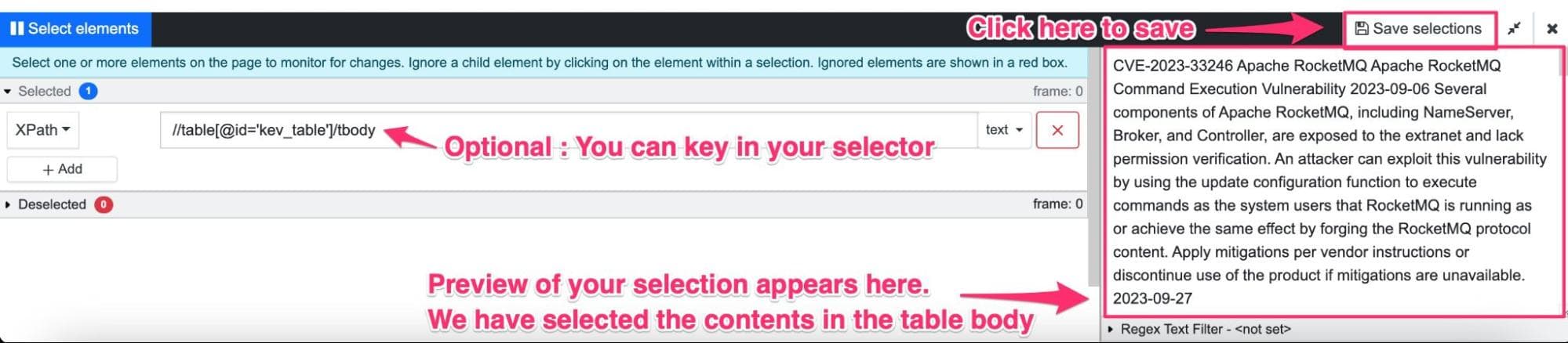 Define selectors for the CVE feed