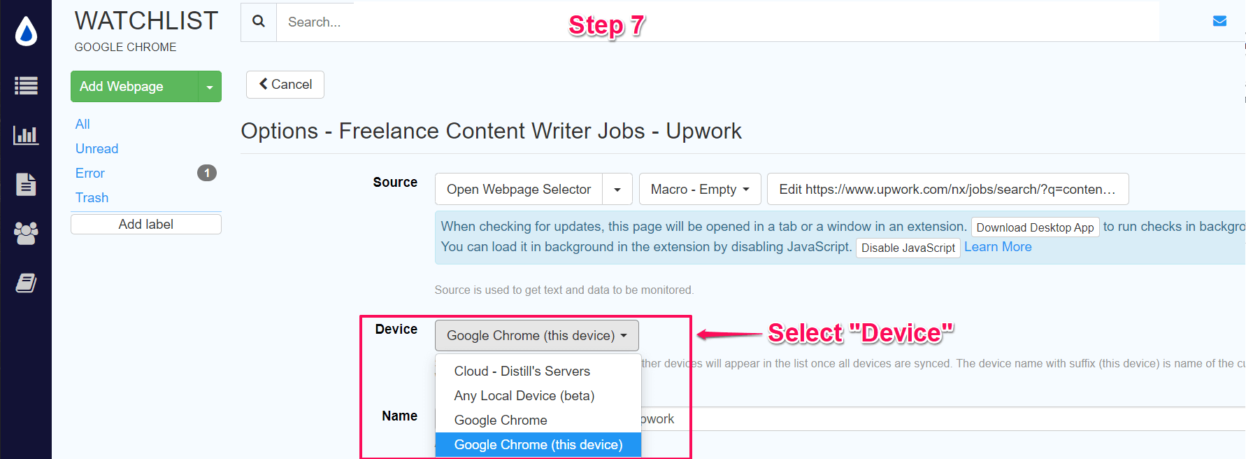 Distill monitor setting