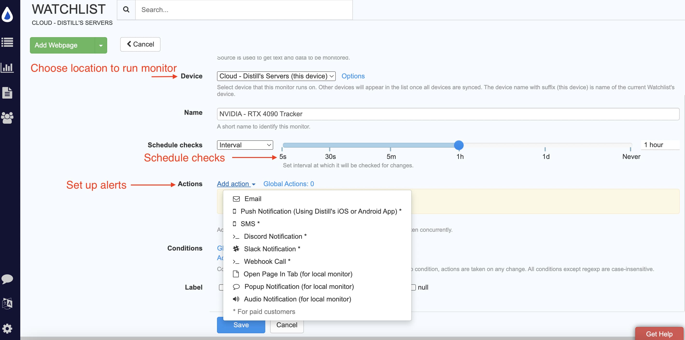 Configuring alerts on distill