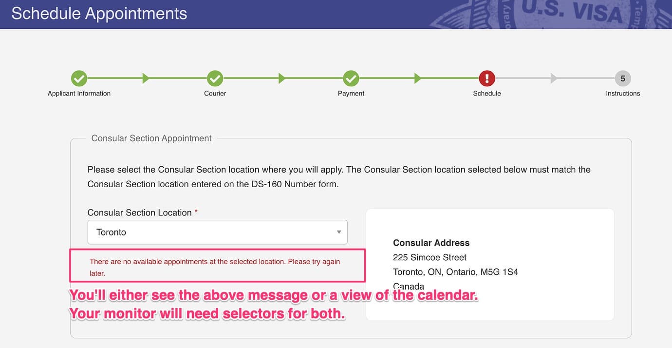 Another set of selectors to track the visa appointment calendar