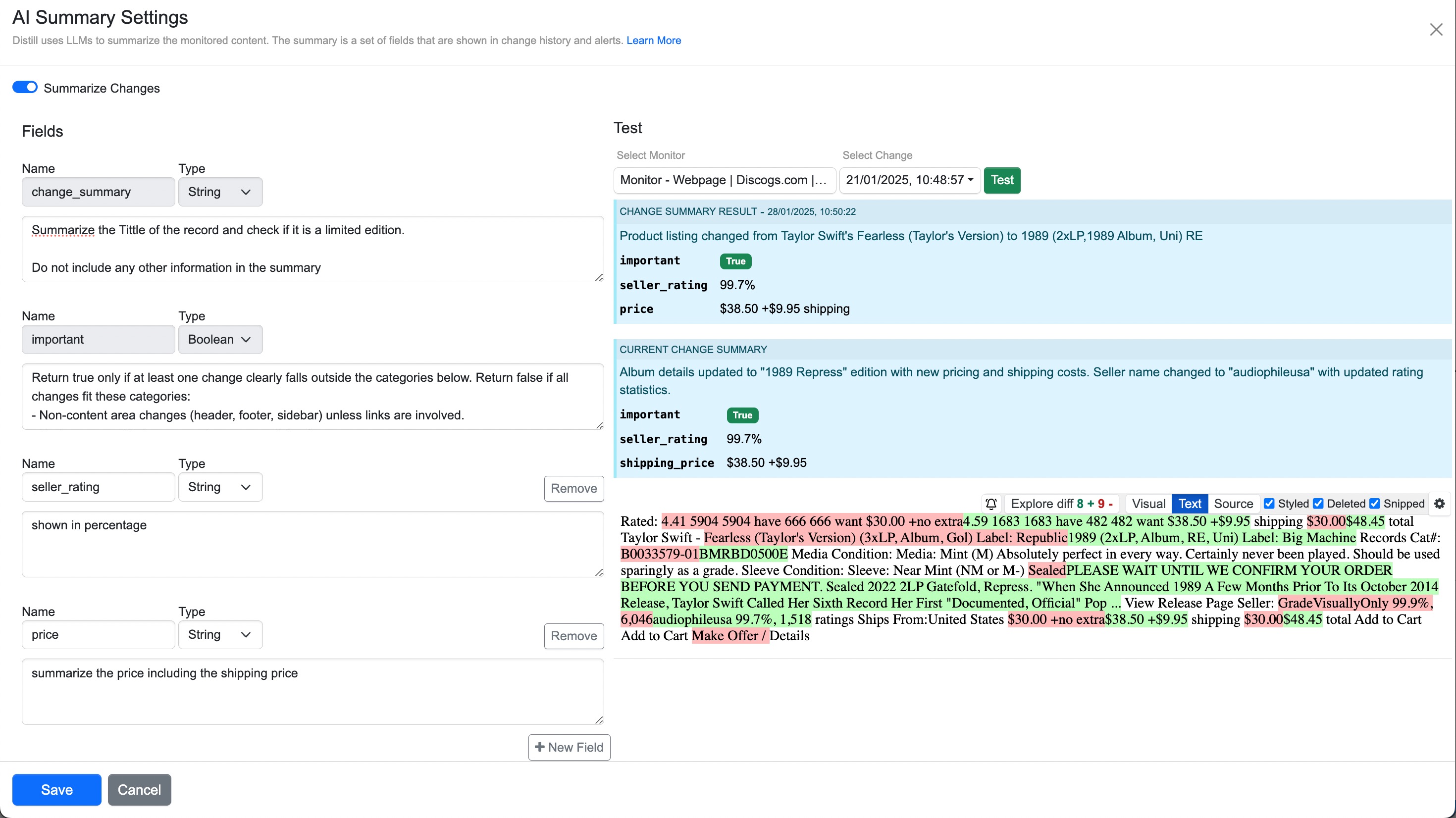 test results of change summary after fields addition