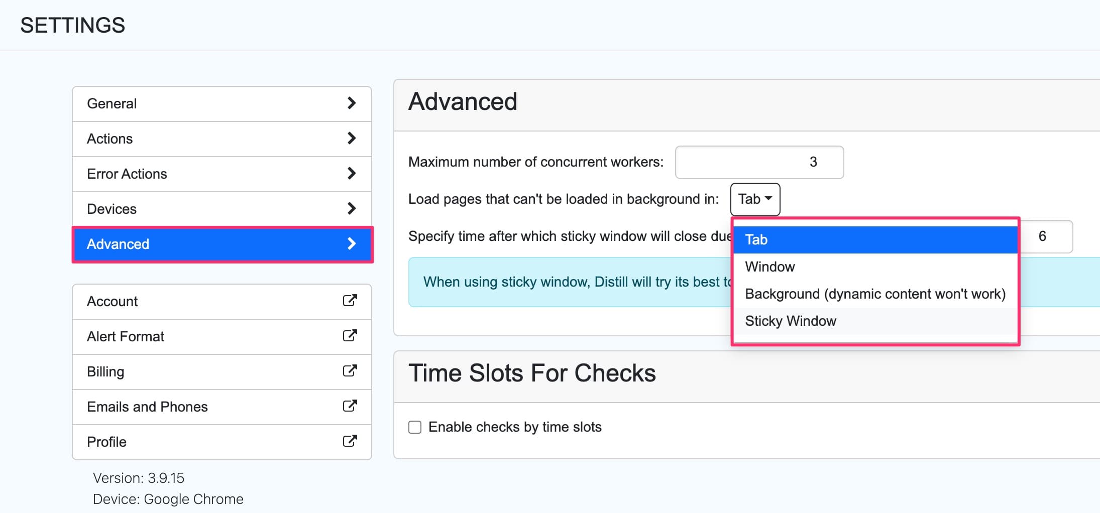 Options to run webpage checks in extension