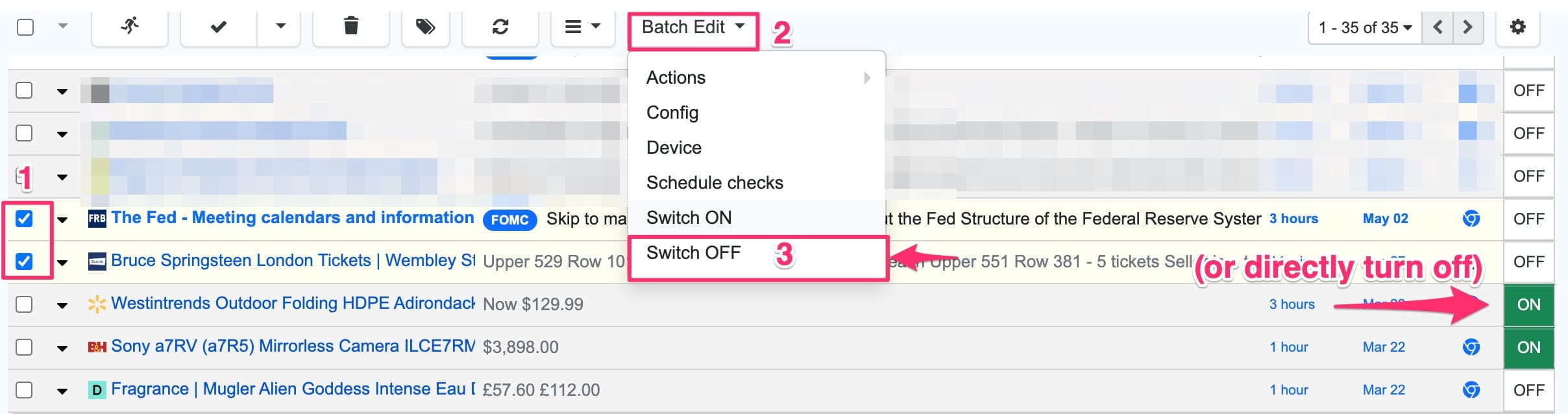 Steps to turn off web monitors