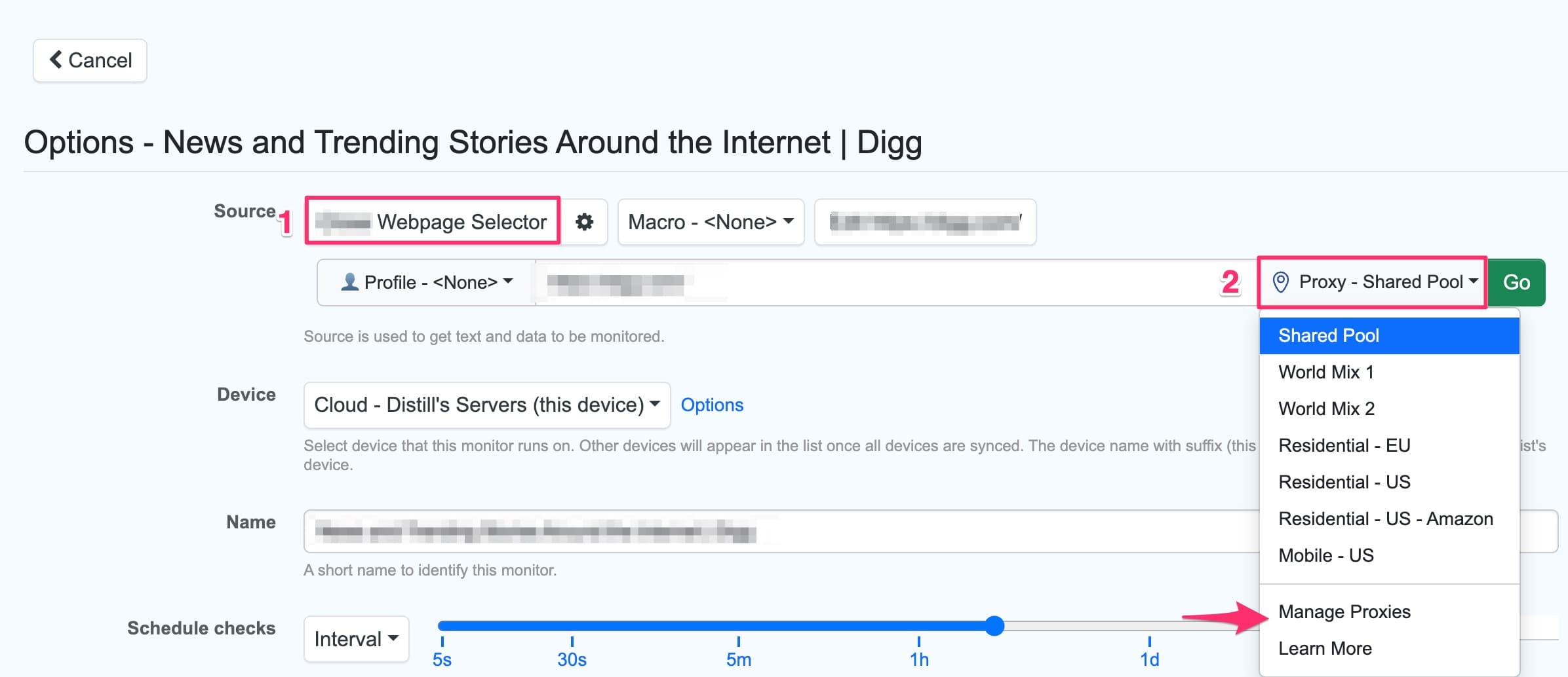 steps to add proxy to a webpage monitor